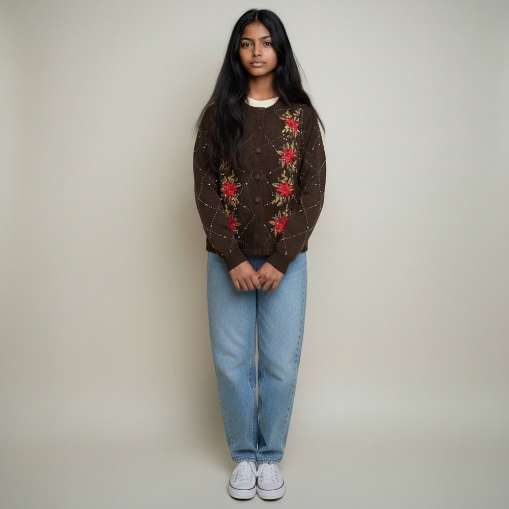 Bon Worth Black Christmas Cardigan Poinsettias Embroidered Beaded Women's Large